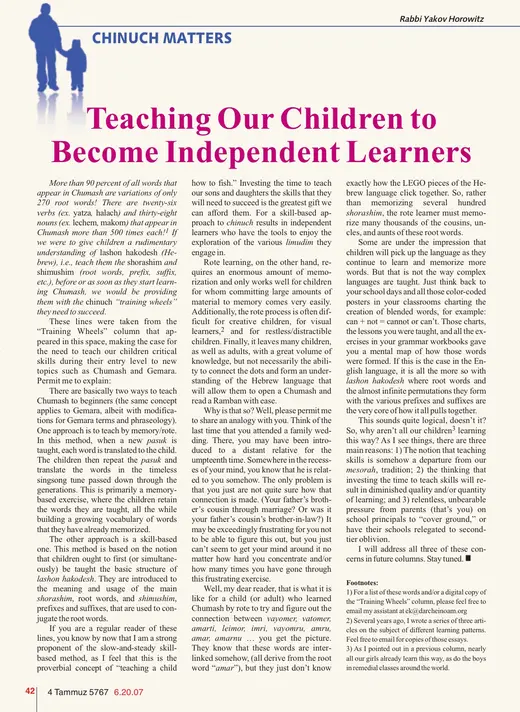Scan of the Mishpacha column “Teaching Our Children to Become Independent Learners”